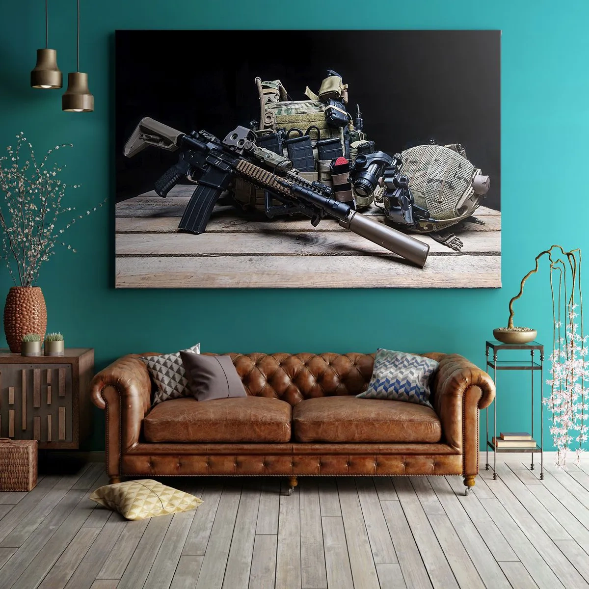 Obraz na plátne - Taktické vybavenie s puškou na drevenom stole - 70x50cm - Pohov! - Moderná nástenná dekorácia do obývacej izby a spálne ARTTOR
