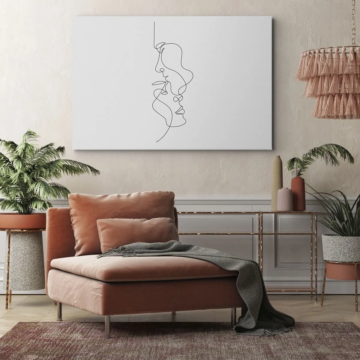Obraz na plátne - Minimalistická kresba dvoch tvárí v jednej línii. - 70x50cm - Žiar vášnivých túžob - Moderná nástenná dekorácia do obývacej izby a spálne ARTTOR