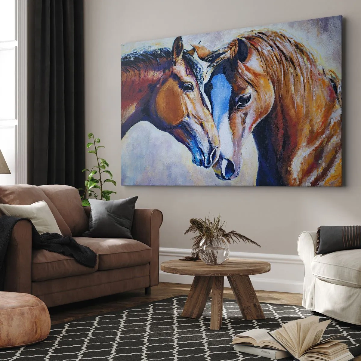 Obraz na plátne - Obrazové znázornenie dvoch koní v priateľskom prostredí. - 70x50cm - Je to priateľstvo? Je to láska? - Moderná nástenná dekorácia do obývacej izby a spálne ARTTOR