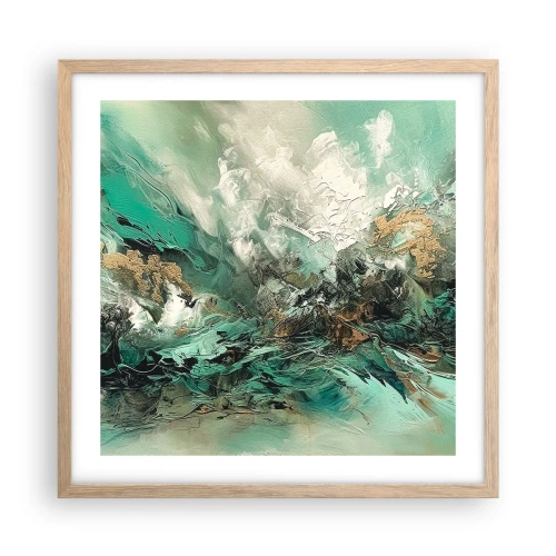 Plagát v ráme zo svetlého duba - Smaragdovočierne vlnobitie - 50x50 cm