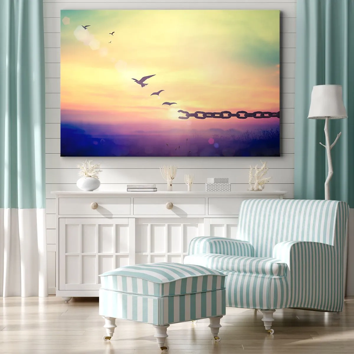 Obraz na plátne - Symbol slobody s vtákmi a pretrhnutou reťazou - 70x50cm - Víťazstvo slobody - Moderná nástenná dekorácia do obývacej izby a spálne ARTTOR
