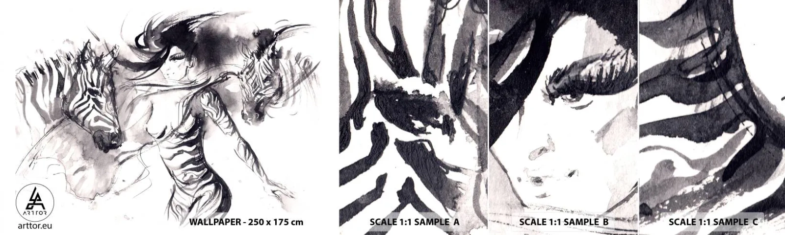 Vzorka samolepiacej fototapety Deluxe Sticker - Tancujúca so zebrami - Abstrakcia, Žena, Rebrá - 100x30 cm