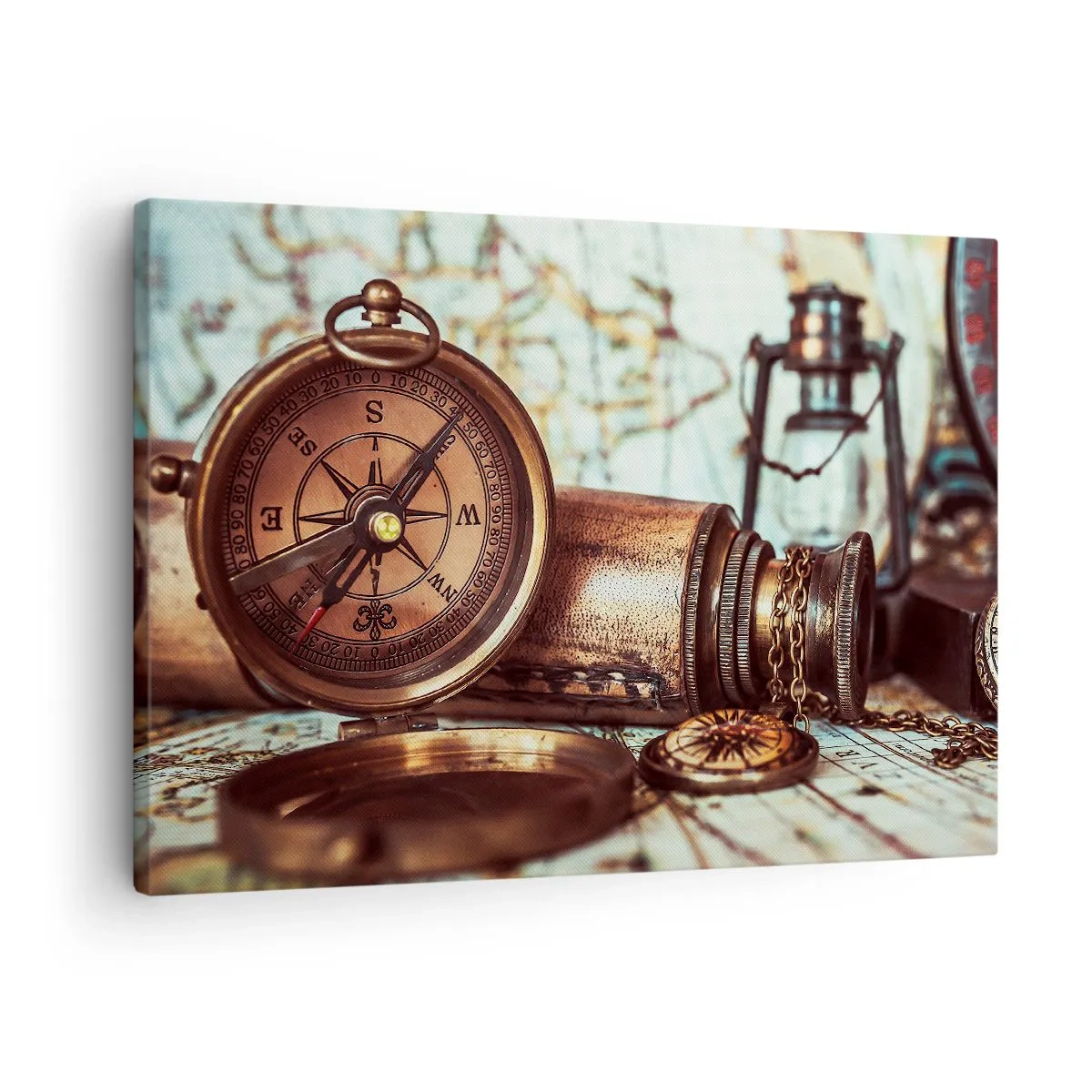 Obraz na plátne - Retro sada s kompasom, ďalekohľadom a mapou v cestovnej téme - 70x50cm - Pirátske dobrodružstvo v Karibiku čaká - Moderná nástenná dekorácia do obývacej izby a spálne ARTTOR