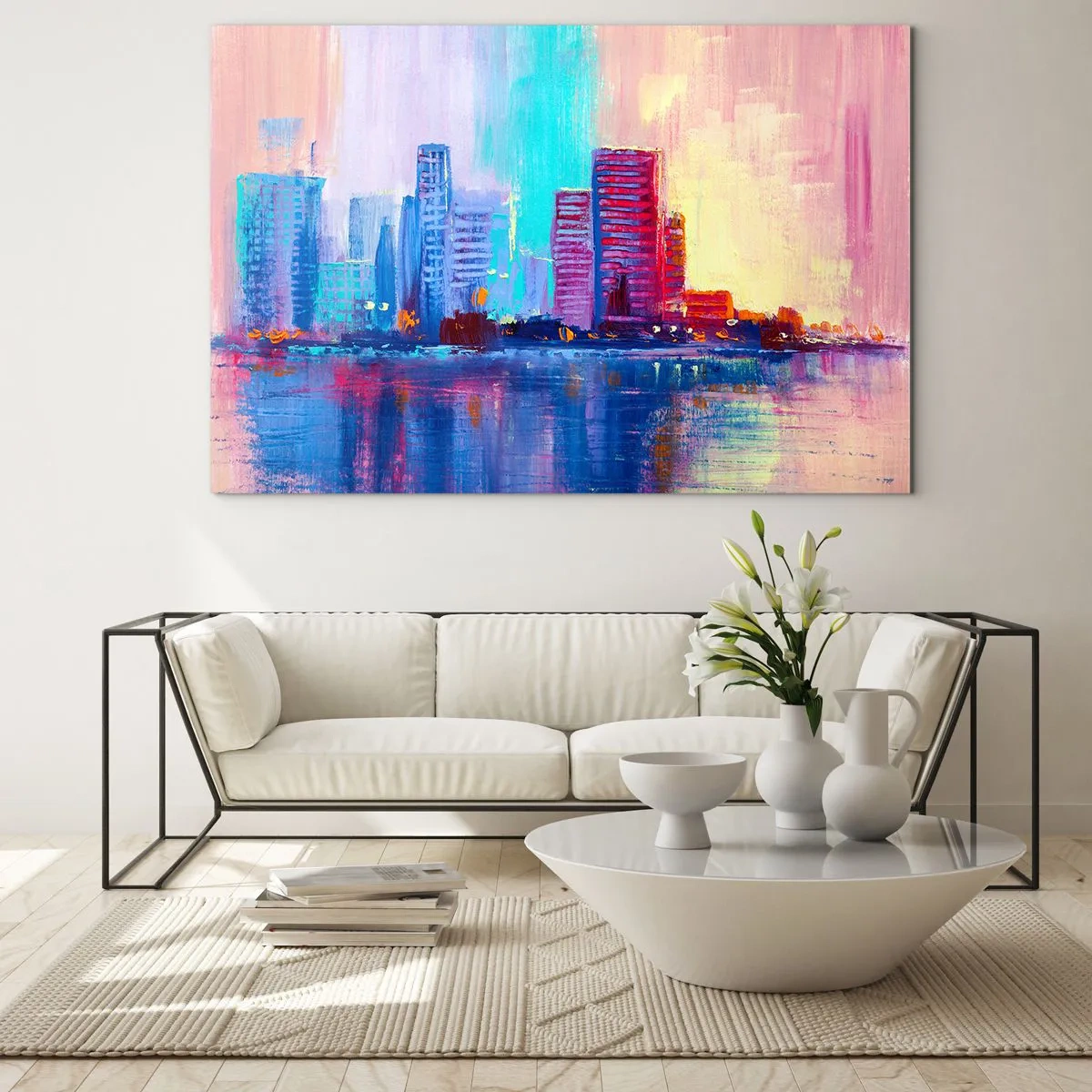 Obraz na skle - Moderné mesto v intenzívnych farbách odrážajúcich sa vo vode - 70x50cm - Vykúpané vo farbách - Moderná nástenná dekorácia do obývacej izby a spálne ARTTOR