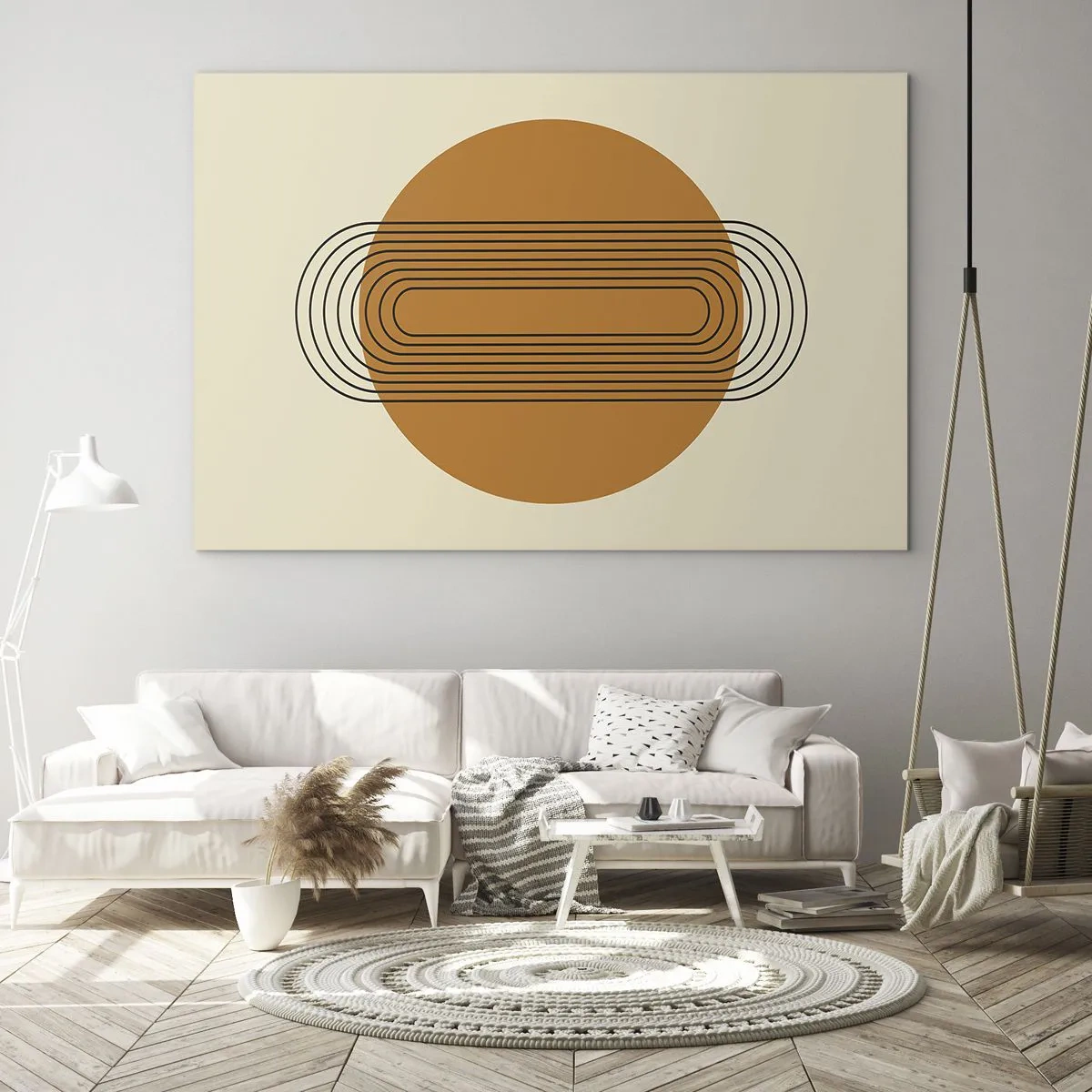 Obraz na skle - Geometrická abstrakcia s kruhmi a čiarami - 70x50cm - Dokonalý plán - Moderná nástenná dekorácia do obývacej izby a spálne ARTTOR