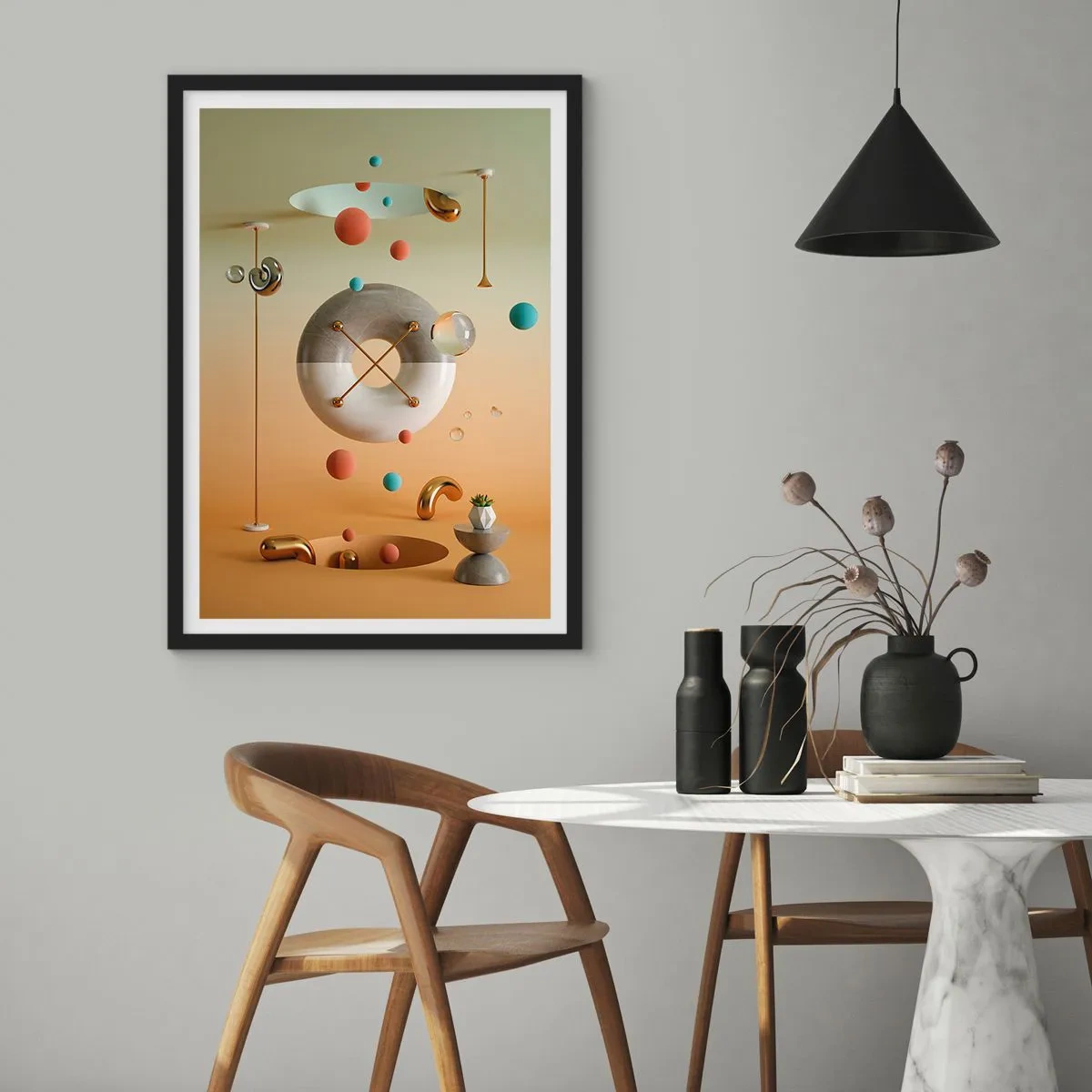 Plagát v čiernom ráme - Abstraktná kompozícia geometrických tvarov v teplých farbách. - 50x70cm - Všetko je možné - Moderná nástenná dekorácia do obývacej izby a spálne ARTTOR