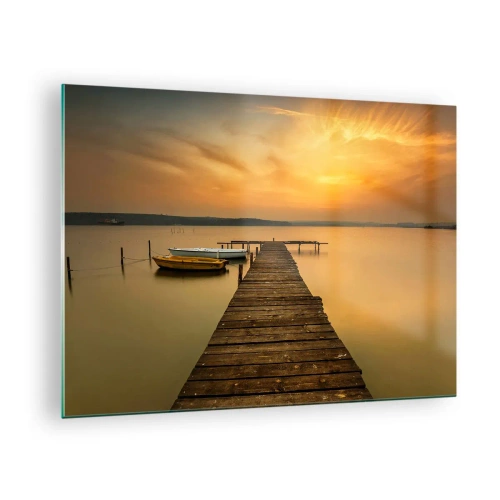 Obraz na skle - Mólo na jazere pri západe slnka s loďkou - 70x50cm - Otvorím ti zlaté nebo - Moderná nástenná dekorácia do obývacej izby a spálne ARTTOR
