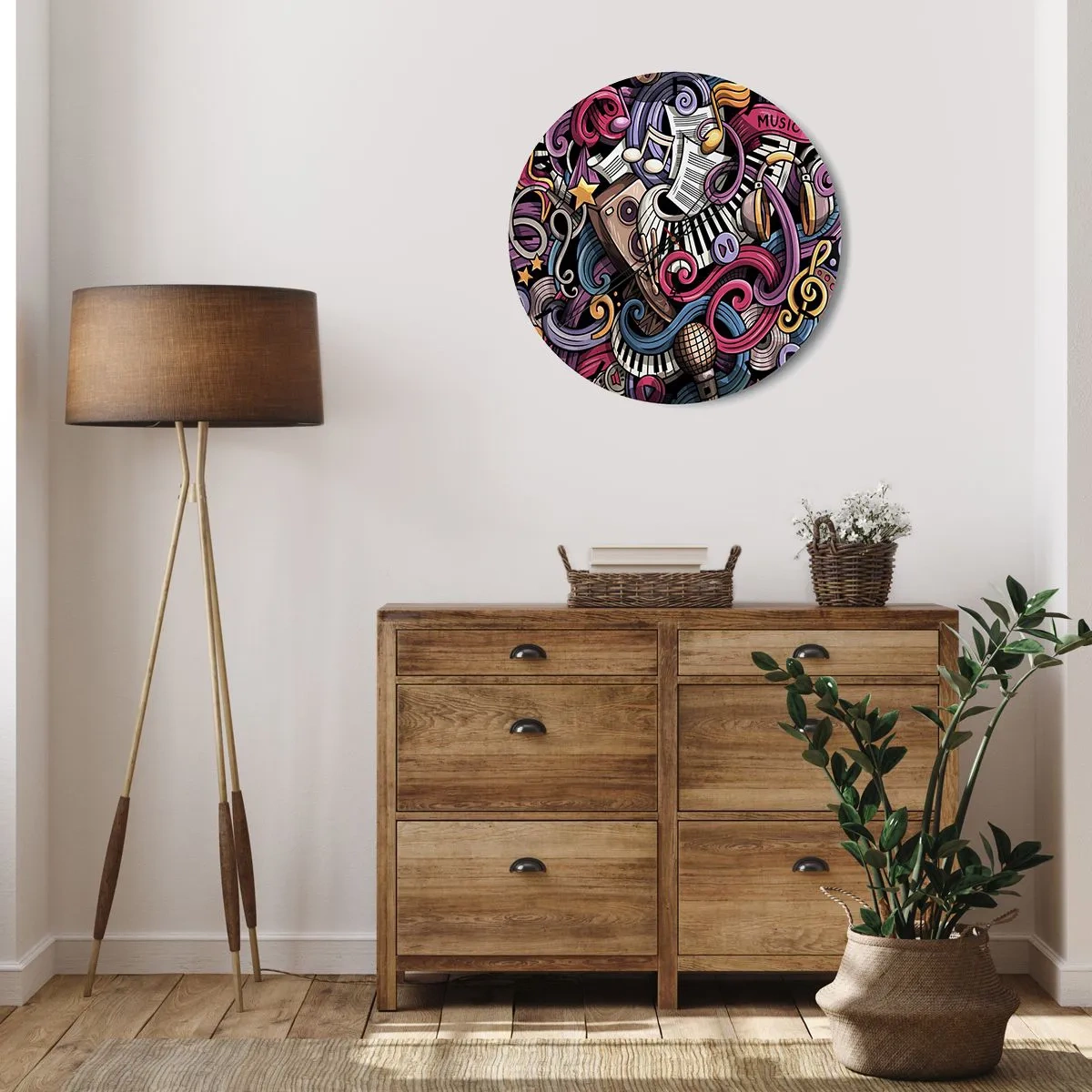 Nástenné hodiny - Abstraktná kompozícia hudobných motívov a nástrojov - 30x30cm - Komplikovaná melódia - Moderná nástenná dekorácia do obývacej izby, kuchyne a spálne ARTTOR
