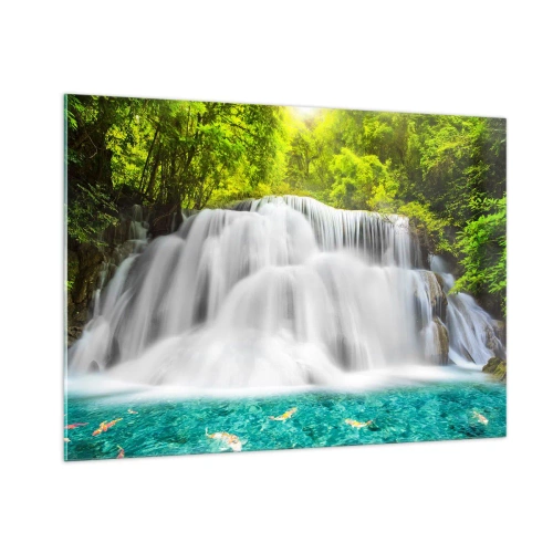Obraz na skle - Speneným vodopádom od zelene k modrej - 100x70 cm