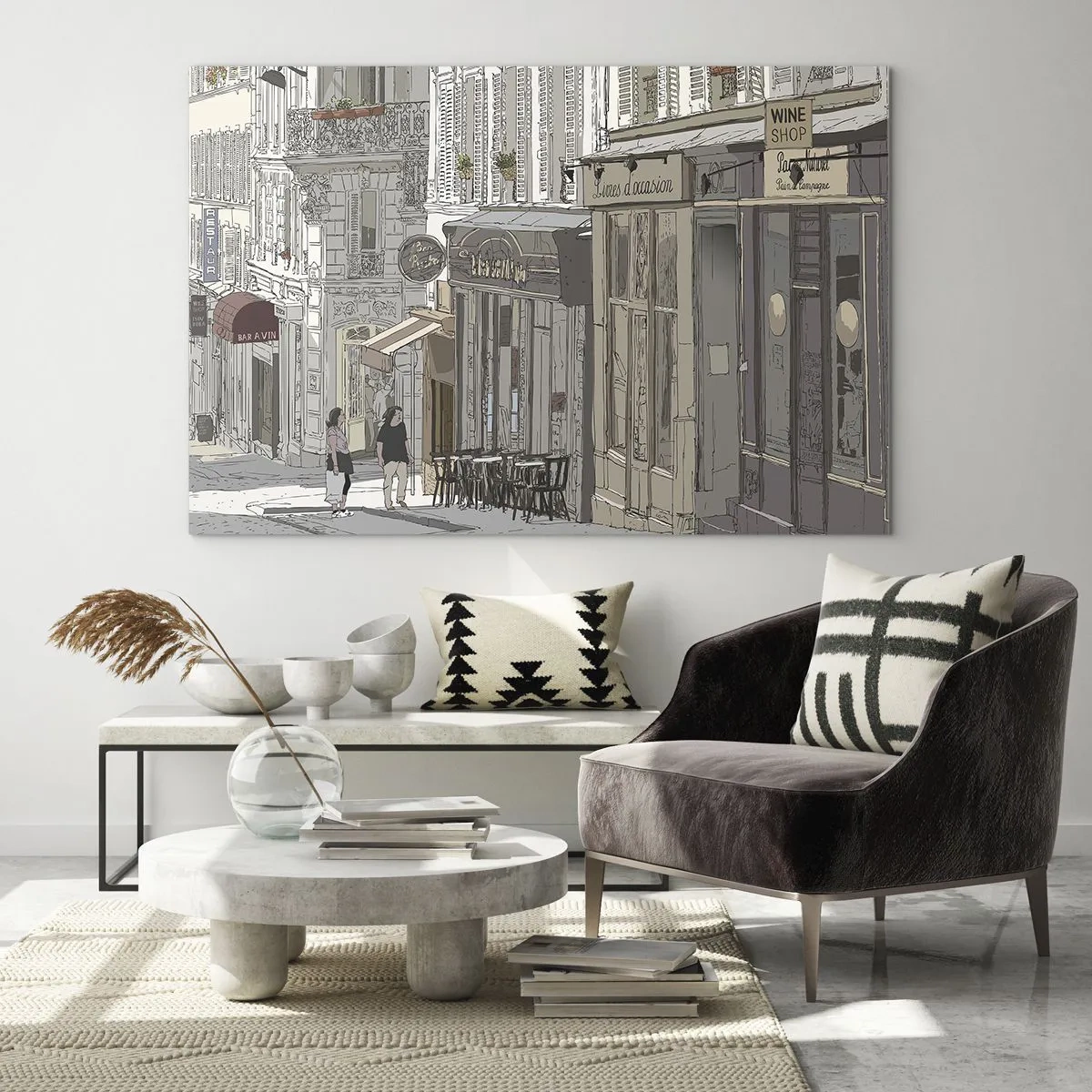 Obraz na skle - Ulica s kaviarňami v umeleckom mestskom štýle - 70x50cm - Mestské radosti - Moderná nástenná dekorácia do obývacej izby a spálne ARTTOR
