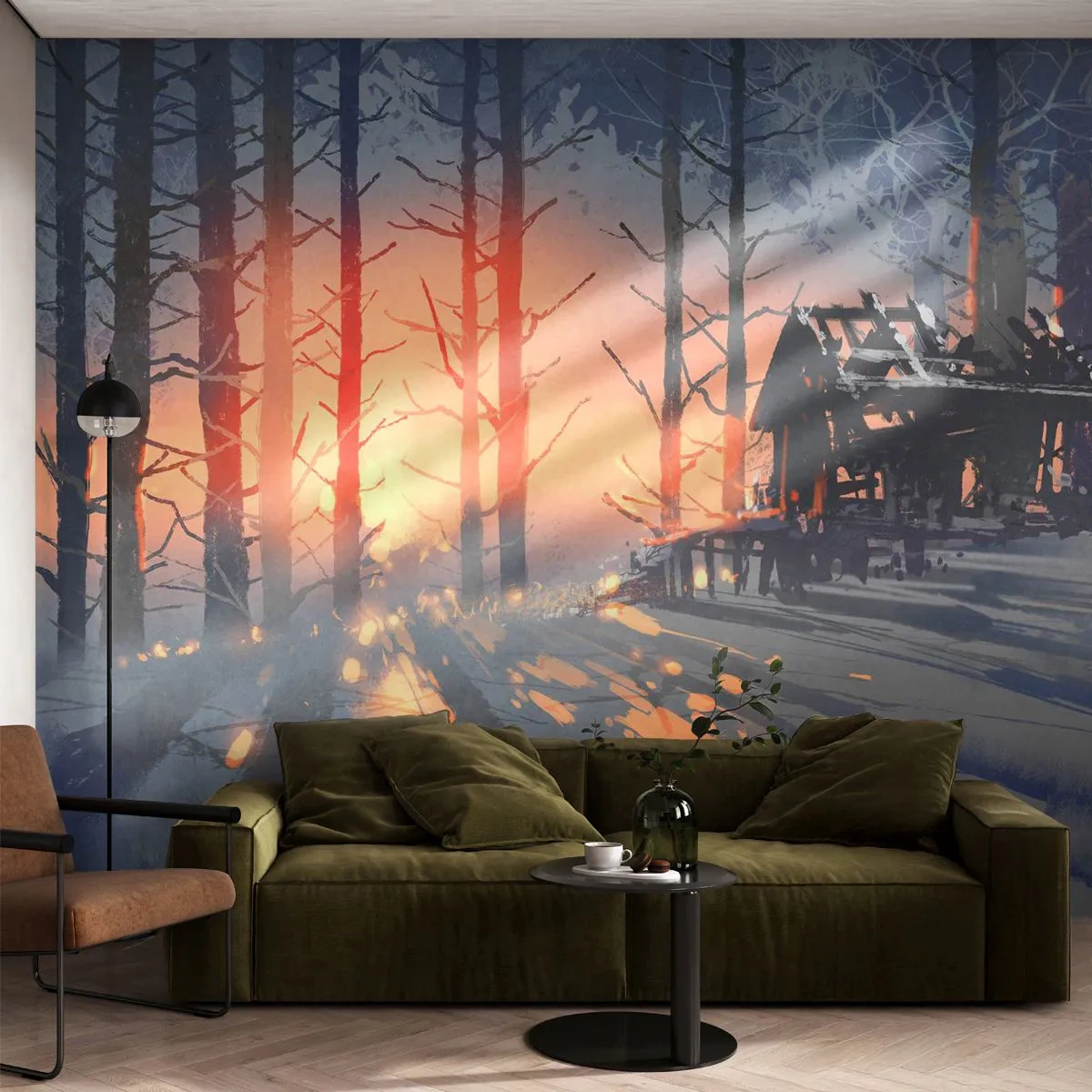 Fototapeta Standard Eco - Zimný les s drevenou chatkou pri západe slnka - 100x70cm - Pozerá sa tu iba slnko - Moderná nástenná dekorácia do obývacej izby a spálne ARTTOR