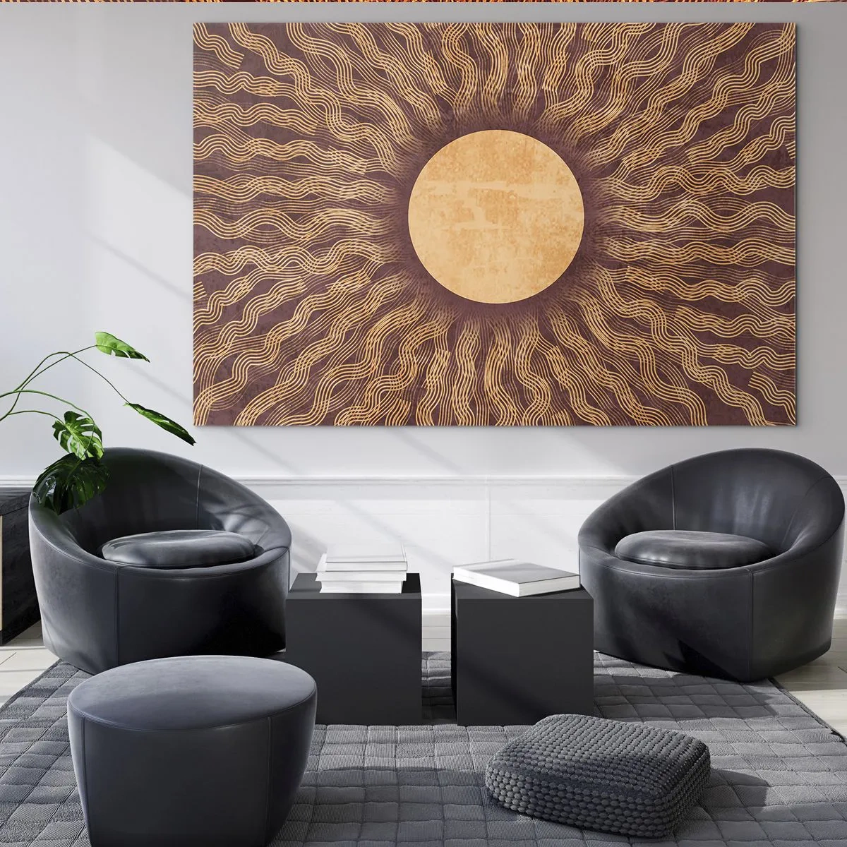 Obraz na skle - Štylizované slnko s lúčmi vo forme vlnoviek na hnedom pozadí. - 70x50cm - Ikona slnka - Moderná nástenná dekorácia do obývacej izby a spálne ARTTOR