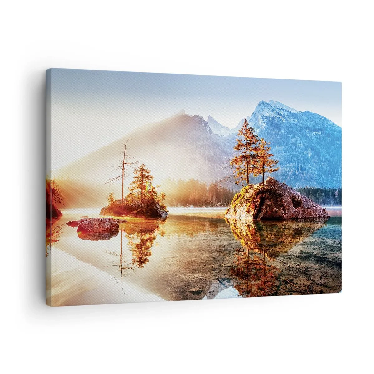 Obraz na plátne - Jazero s ostrovmi a horami v pozadí pri východe slnka - 70x50cm - Príroda v novom svetle - Moderná nástenná dekorácia do obývacej izby a spálne ARTTOR