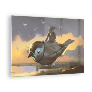 Obraz na skle - Postava na obrovskom vtákovi vo svetle zapadajúceho slnka - 70x50cm - Zastávka na fantastickej ceste - Moderná nástenná dekorácia do obývacej izby a spálne ARTTOR