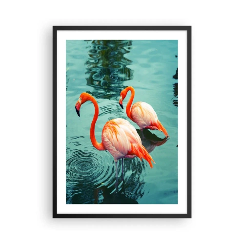 Plagát v čiernom ráme - Dva plameniaky na pozadí pokojnej vody - 50x70cm - Teraz sme v móde - Moderná nástenná dekorácia do obývacej izby a spálne ARTTOR