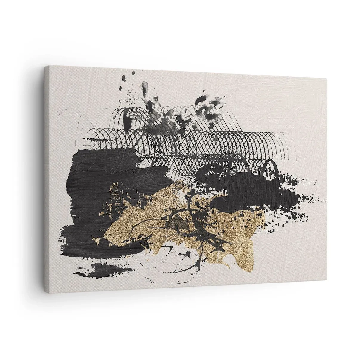 Obraz na plátne - Abstraktný obraz v čiernej a zlatej farbe s dynamickými líniami a štruktúrami. - 70x50cm - Kompozícia s vášňou - Moderná nástenná dekorácia do obývacej izby a spálne ARTTOR