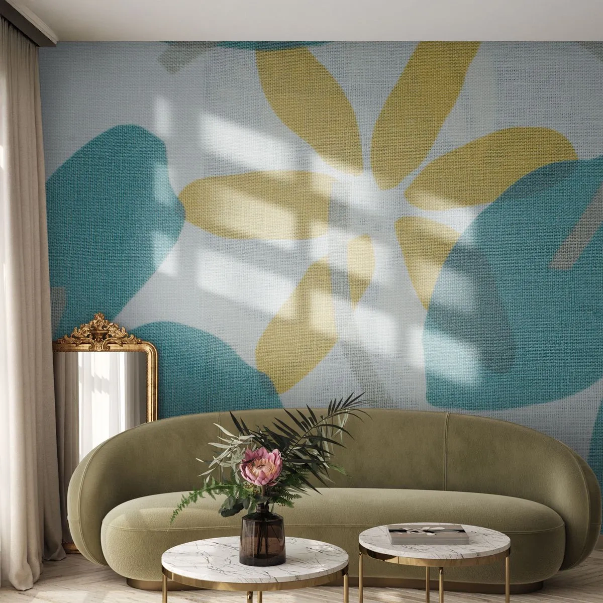 Samolepiaca Fototapeta Deluxe Sticker - Medzi azúrovými listami - Boho, Kvety, Minimalizmus - 150x105 cm