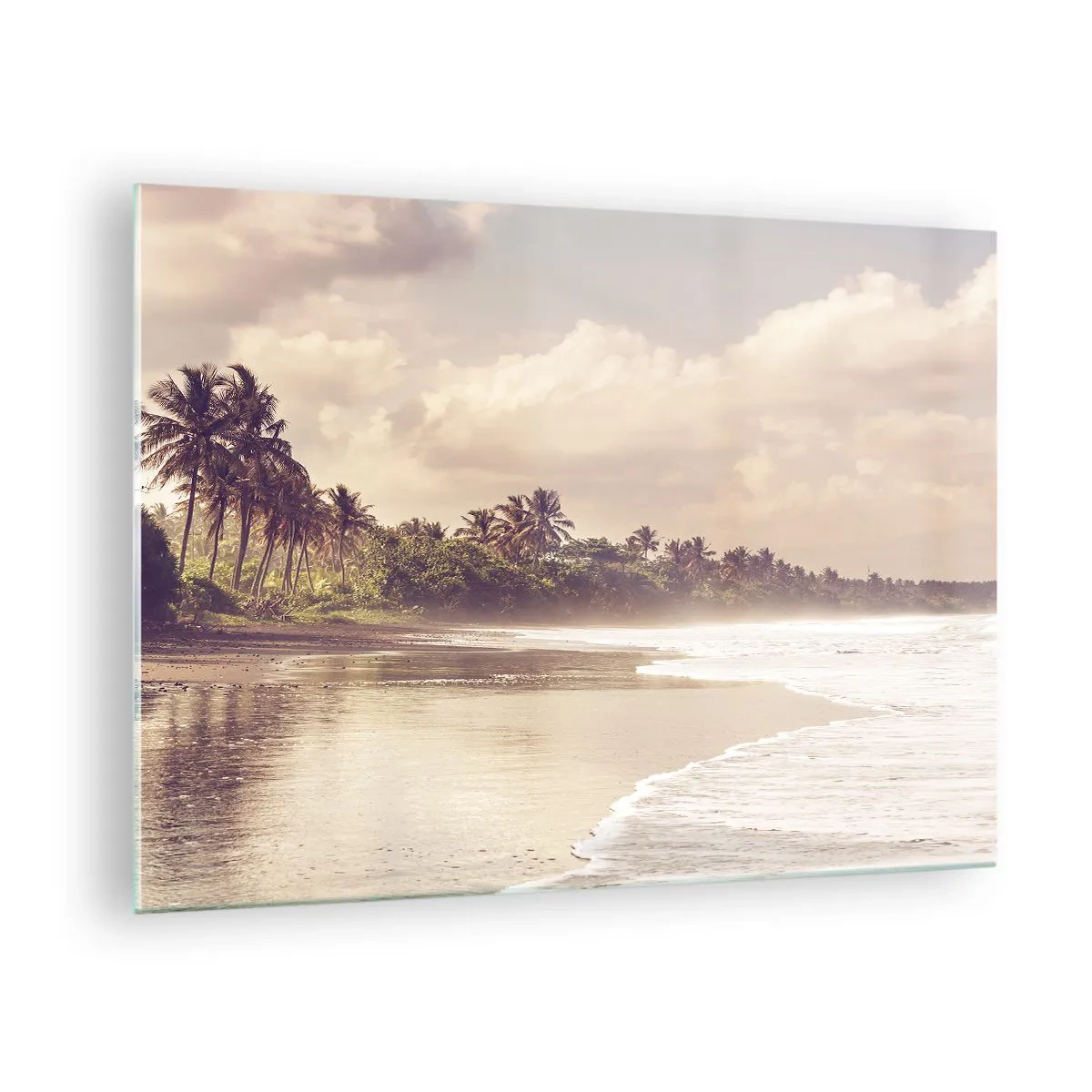 Obraz na skle - Zlatá pláž s palmami a pokojným oceánom v jemnom svetle - 70x50cm - Pohladenie vĺn - Moderná nástenná dekorácia do obývacej izby a spálne ARTTOR