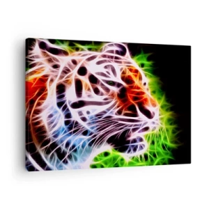 Obraz na plátne - Farebný umelecký portrét tigra v neónovom štýle na čiernom pozadí. - 70x50cm - Nebezpečná aura - Moderná nástenná dekorácia do obývacej izby a spálne ARTTOR