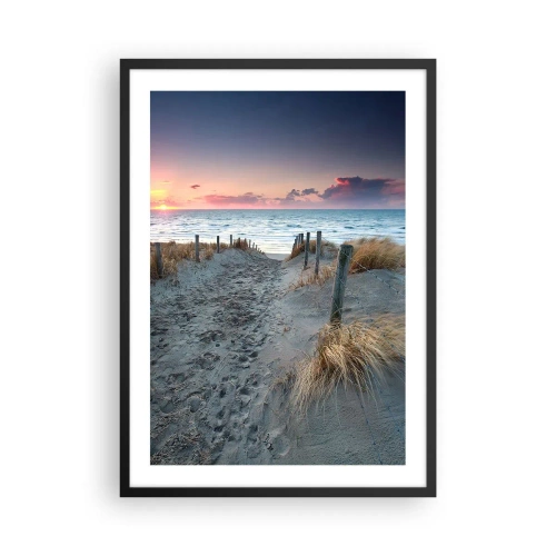 Plagát v čiernom ráme - Plážový chodník pri západe slnka s výhľadom na more - 50x70cm - Šiel by som s tebou na kraj světa… - Moderná nástenná dekorácia do obývacej izby a spálne ARTTOR