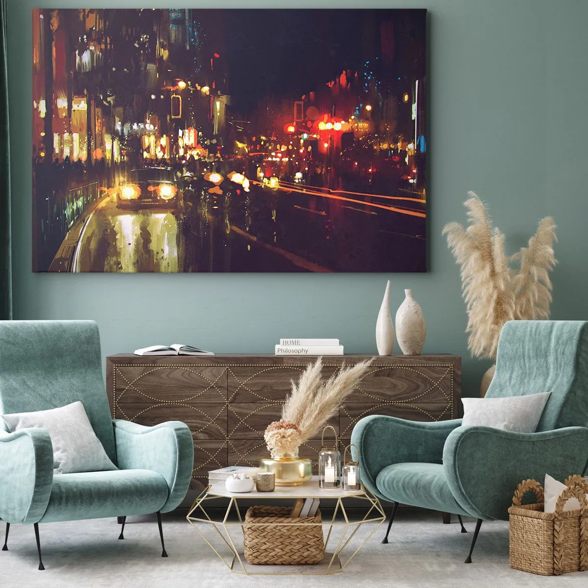 Obraz na plátne - Nočná mestská scéna s farebnými svetlami a odrazmi ulice - 70x50cm - Ponorená do svetiel noci - Moderná nástenná dekorácia do obývacej izby a spálne ARTTOR
