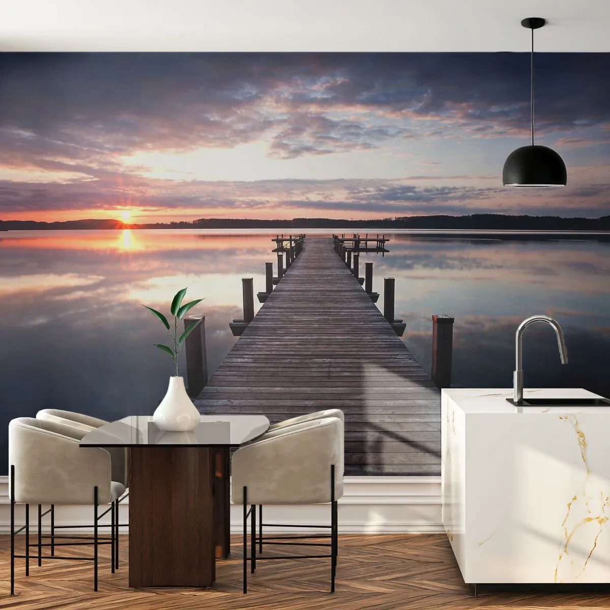 Samolepiaca Fototapeta Deluxe Sticker - Tichá hranica medzi dňom a nocou - Krajina, Jazero, Západ slnka - 250x175 cm