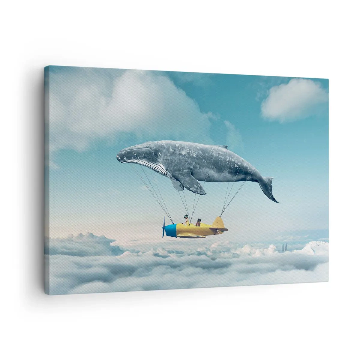 Obraz na plátne - Lietajúca veľryba nesie lietadlo v surrealistickom prostredí. - 70x50cm - Prečo by nie? - Moderná nástenná dekorácia do obývacej izby a spálne ARTTOR