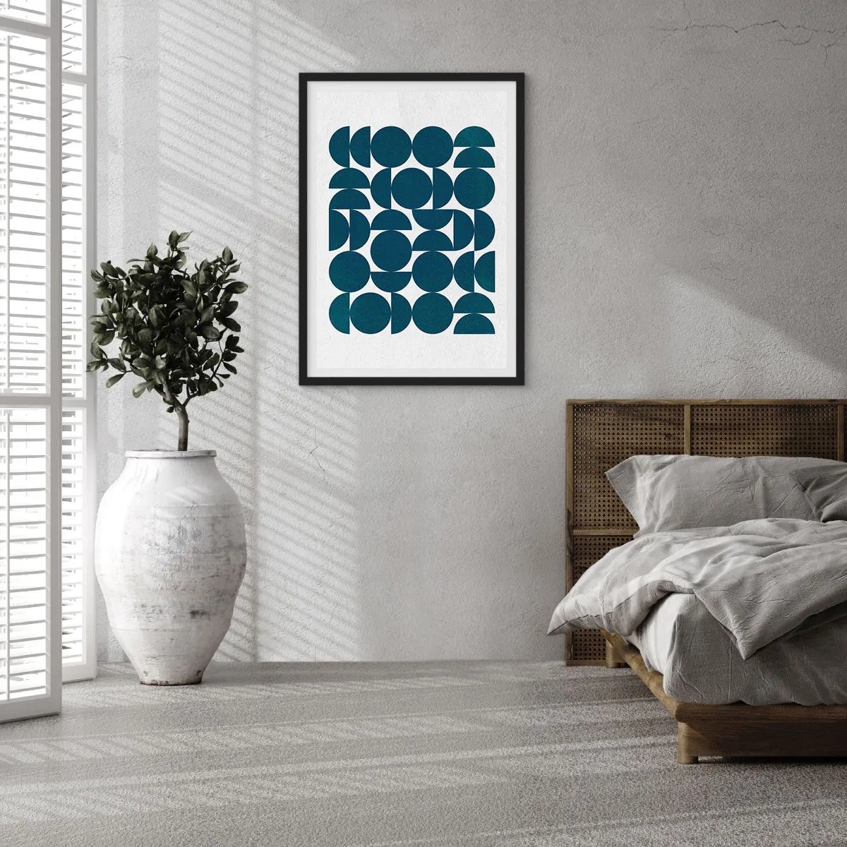 Plagát v čiernom ráme - Geometrická kompozícia s modrými kruhmi - 50x70cm - Kruhy a polkruhy - Moderná nástenná dekorácia do obývacej izby a spálne ARTTOR