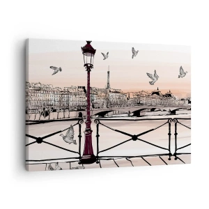 Obraz na plátne - Parížsky výhľad s lampášom a mostom - 70x50cm - Nad strechami Paríža - Moderná nástenná dekorácia do obývacej izby a spálne ARTTOR