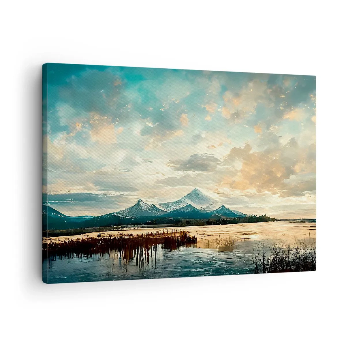 Obraz na plátne - Malebná krajina s horou a pokojným jazerom - 70x50cm - Pod ochranou neba - Moderná nástenná dekorácia do obývacej izby a spálne ARTTOR