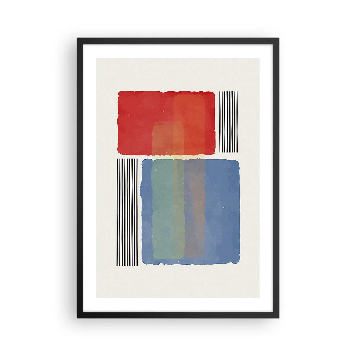 Plagát v čiernom ráme - Abstraktná kompozícia s červenými a modrými obdĺžnikmi - 50x70cm - Duch a písmeno geometrie - Moderná nástenná dekorácia do obývacej izby a spálne ARTTOR