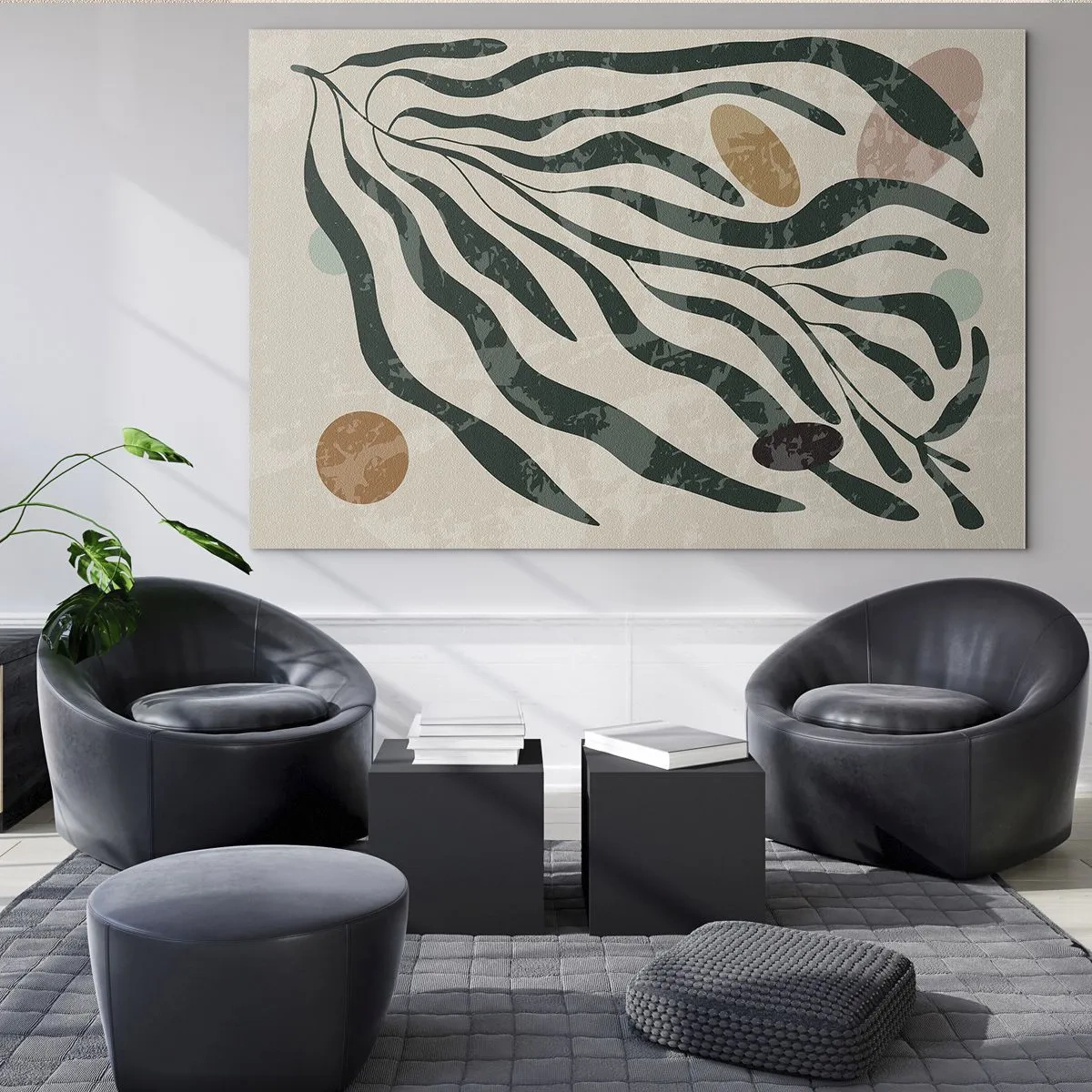 Obraz na skle - Organické tvary v zelenej farbe na béžovom pozadí - 70x50cm - Uprostred zelene - Moderná nástenná dekorácia do obývacej izby a spálne ARTTOR