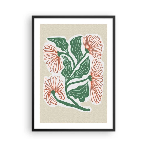 Plagát v čiernom ráme - Abstraktný motív kvetu a listu na béžovom pozadí - 50x70cm - Ľudové aj moderné - Moderná nástenná dekorácia do obývacej izby a spálne ARTTOR