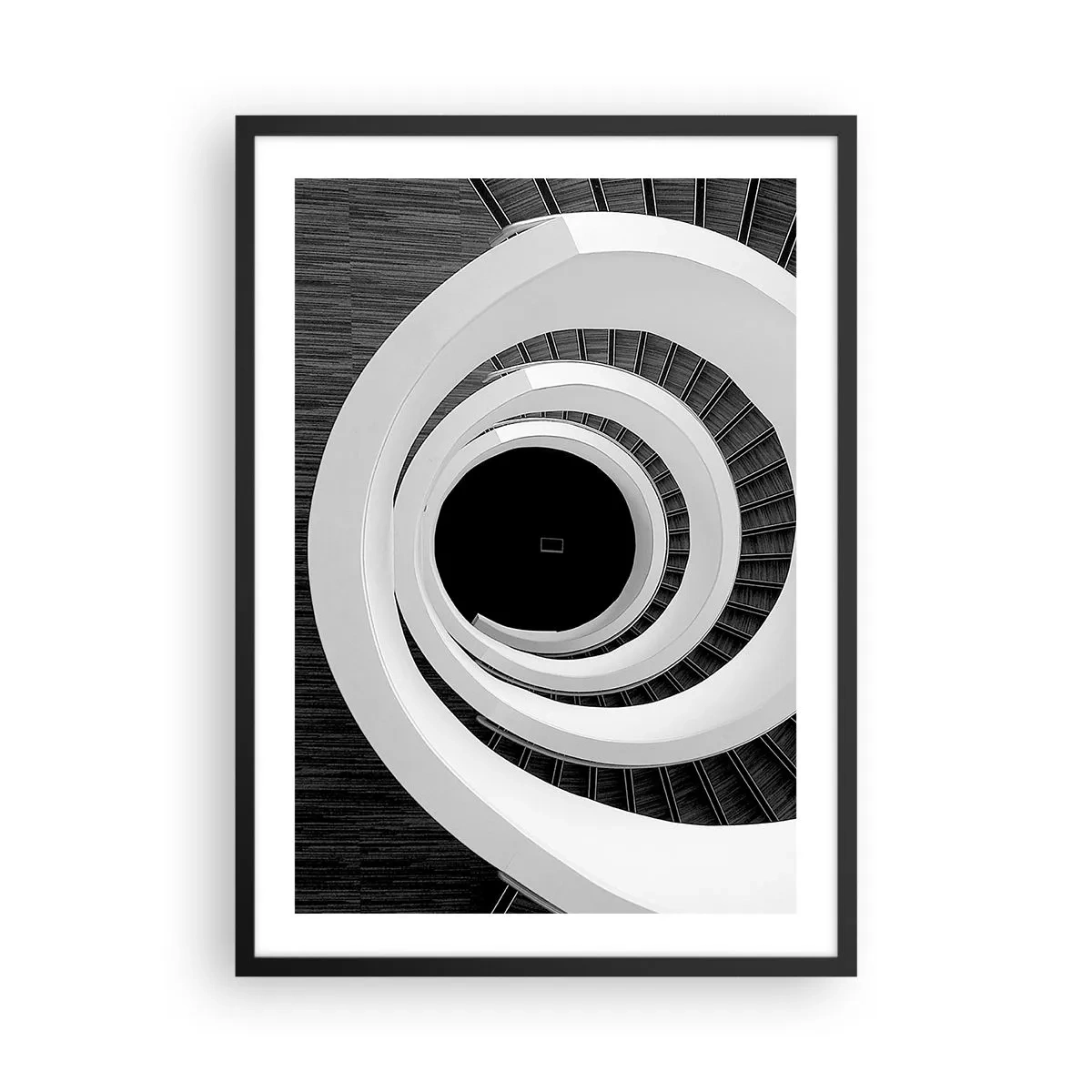 Plagát v čiernom ráme - Točité schodisko v čiernej a bielej farbe s abstraktným dizajnom - 50x70cm - K podstate vecí - Moderná nástenná dekorácia do obývacej izby a spálne ARTTOR