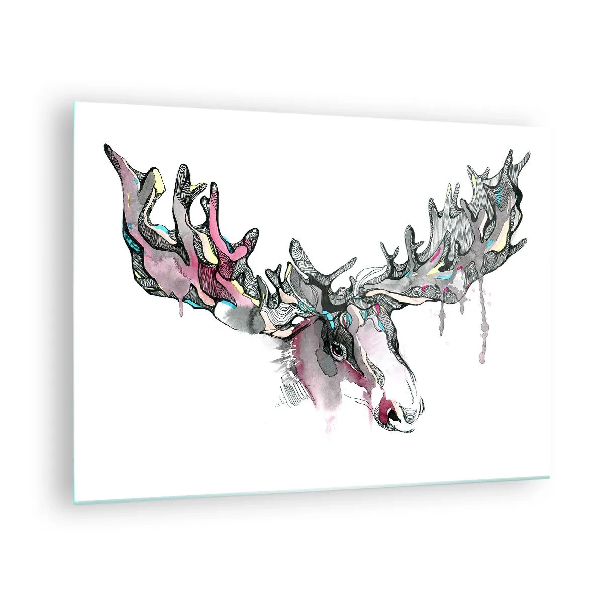 Obraz na skle - Farebný akvarel losa s rozsiahlymi parohmi - 70x50cm - Koruna lesného kráľa - Moderná nástenná dekorácia do obývacej izby a spálne ARTTOR