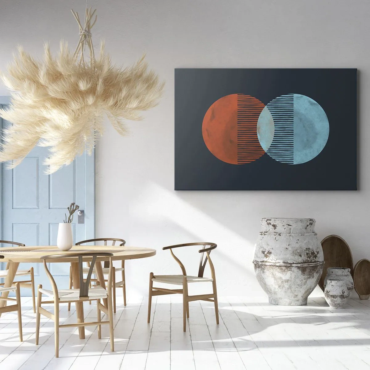 Obraz na plátne - Dva oranžové a modré kruhy na tmavom pozadí - 70x50cm - Astronomická fantázia - Moderná nástenná dekorácia do obývacej izby a spálne ARTTOR