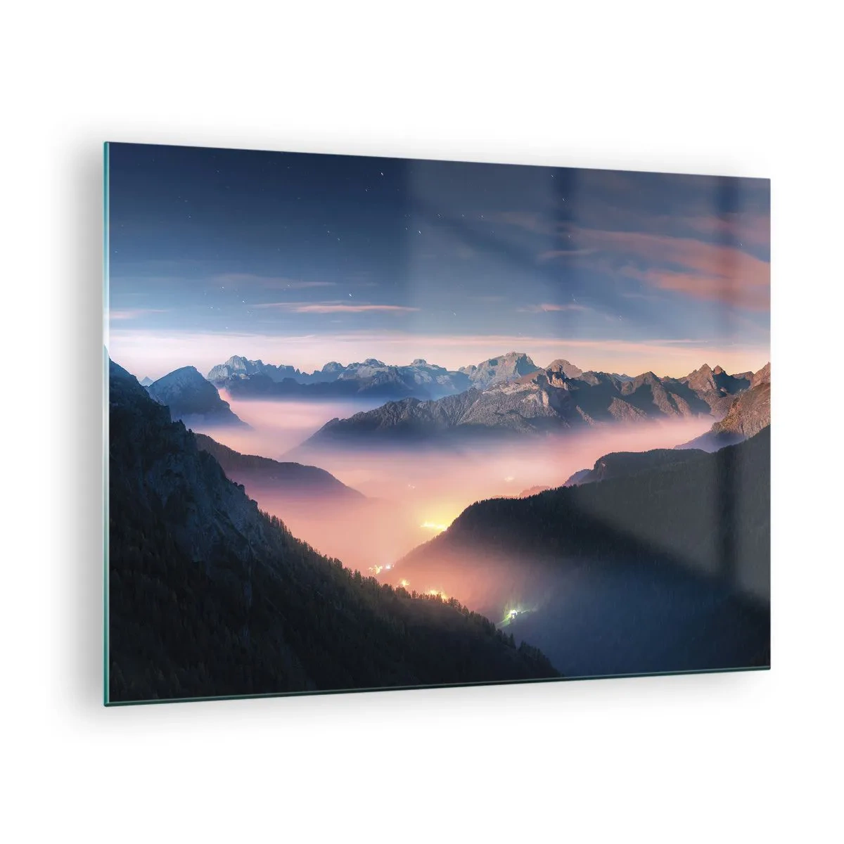 Obraz na skle - Horská krajina pri západe slnka s hmlou v údolí - 70x50cm - Svetlo v údoliach - Moderná nástenná dekorácia do obývacej izby a spálne ARTTOR
