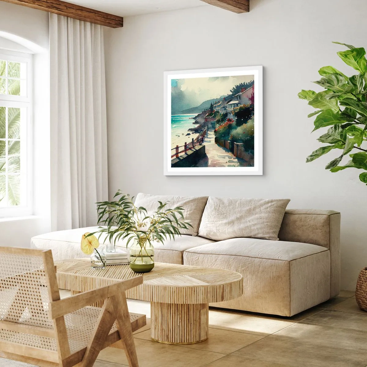 Plagát v bielom ráme - Stredomorské mestečko - 60x60 cm