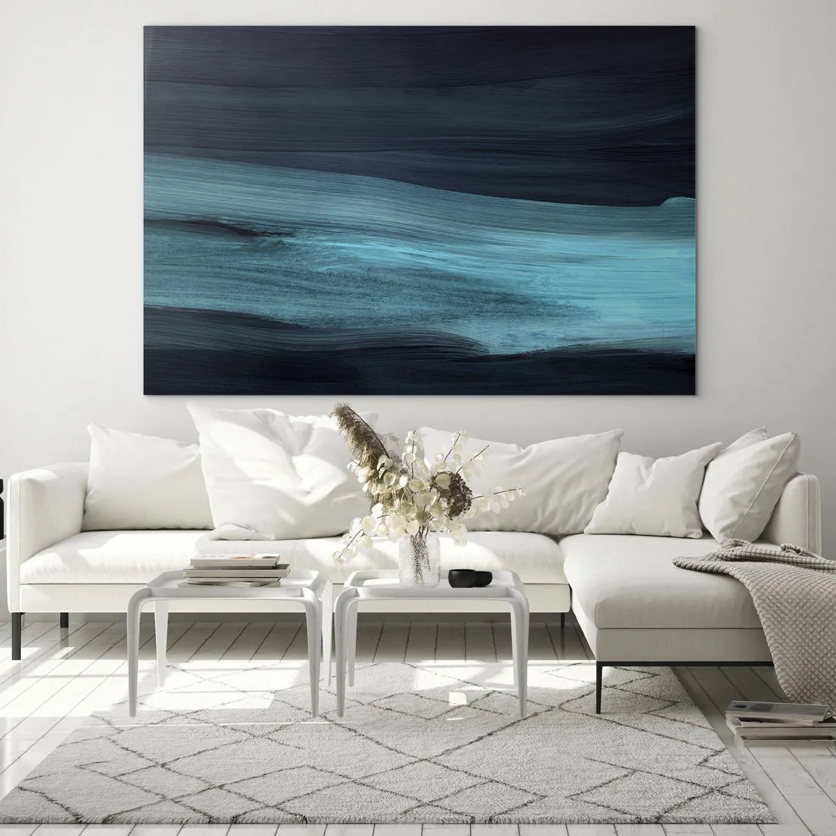 Obraz na skle - Abstraktná vlna v odtieňoch tyrkysovej a námorníckej modrej - 70x50cm - Plávaj s prúdom - Moderná nástenná dekorácia do obývacej izby a spálne ARTTOR
