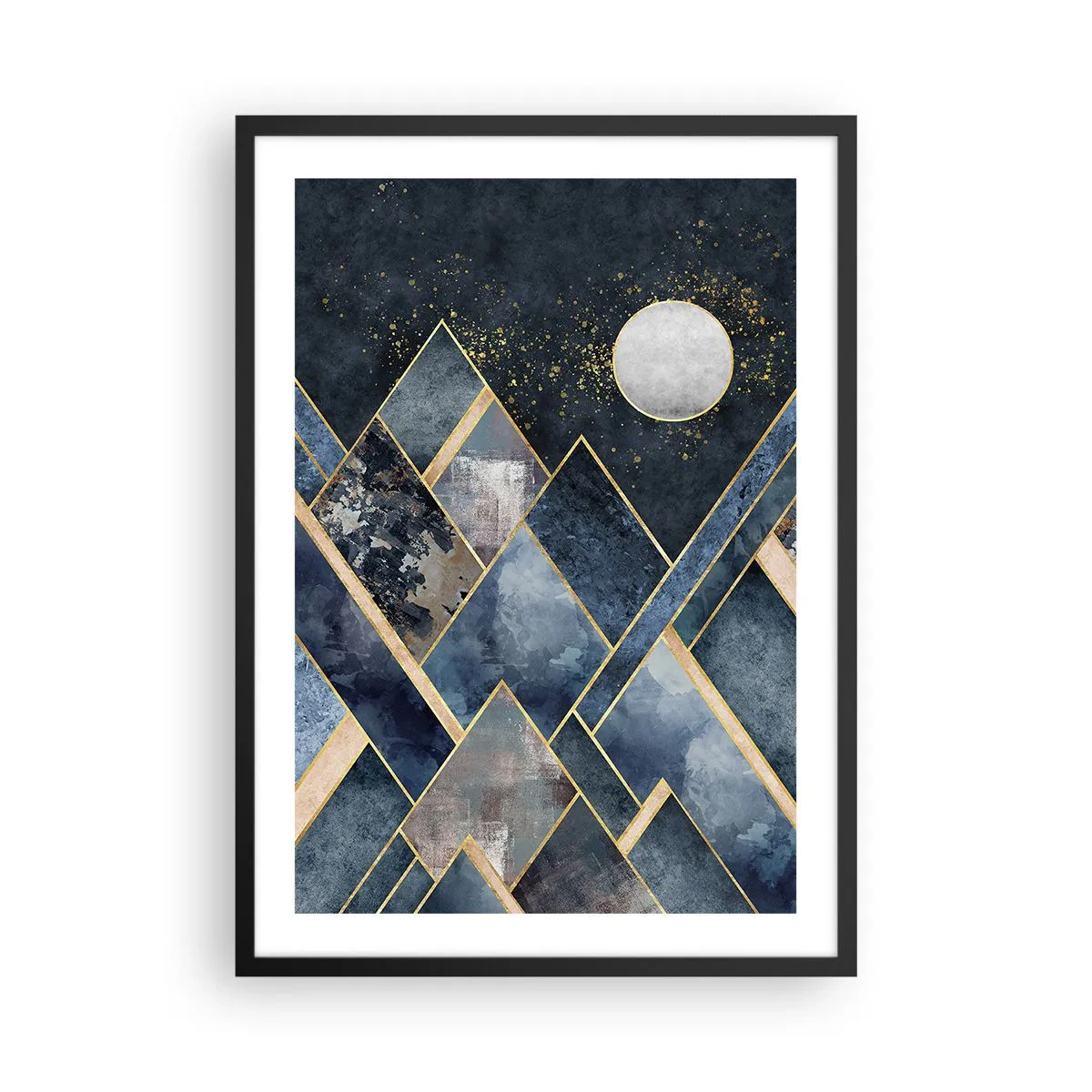 Plagát v čiernom ráme - Geometrické hory v odtieňoch tmavomodrej a zlatej - 50x70cm - Geometrická krajina - Moderná nástenná dekorácia do obývacej izby a spálne ARTTOR