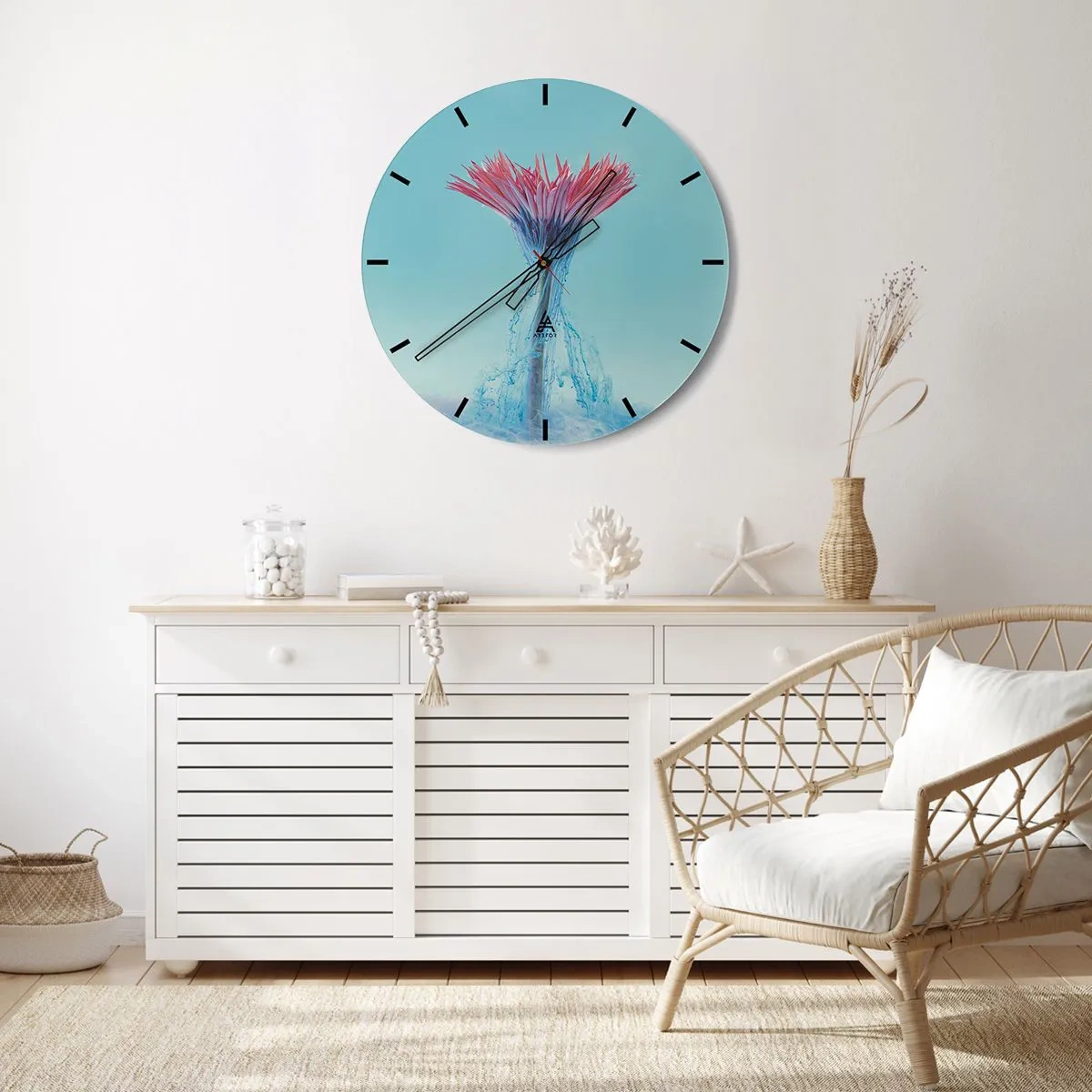 Nástenné hodiny - Kvetinová voda, dynamický záblesk farieb - 30x30cm - V osviežujúcom objatí - Moderná nástenná dekorácia do obývacej izby, kuchyne a spálne ARTTOR