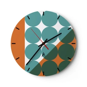 Nástenné hodiny - Geometrické kruhy v odtieňoch zelenej a oranžovej - 30x30cm - Hore a šikmo - Moderná nástenná dekorácia do obývacej izby, kuchyne a spálne ARTTOR