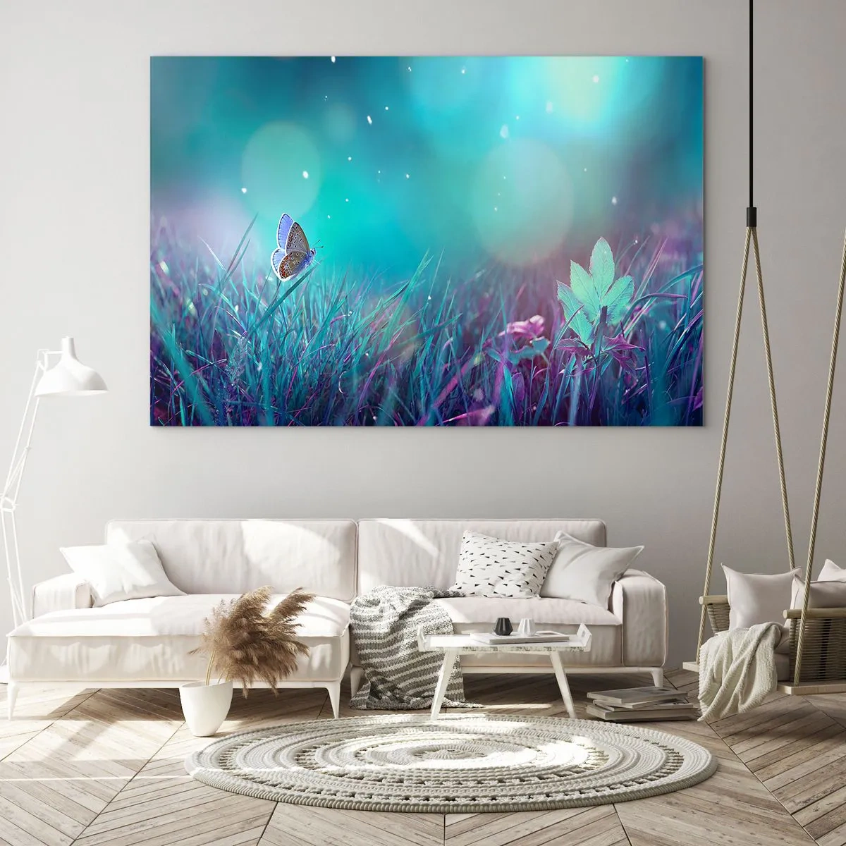 Obraz na skle - Motýľ na tráve v pastelovom svetle - 70x50cm - Tajomný život lúky - Moderná nástenná dekorácia do obývacej izby a spálne ARTTOR