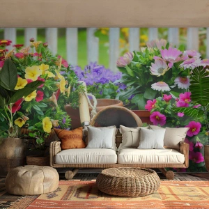 Fototapeta Standard Eco - Farebné kvety v záhrade s nástrojmi na starostlivosť - 100x70cm - Záhradka Žofky - Moderná nástenná dekorácia do obývacej izby a spálne ARTTOR