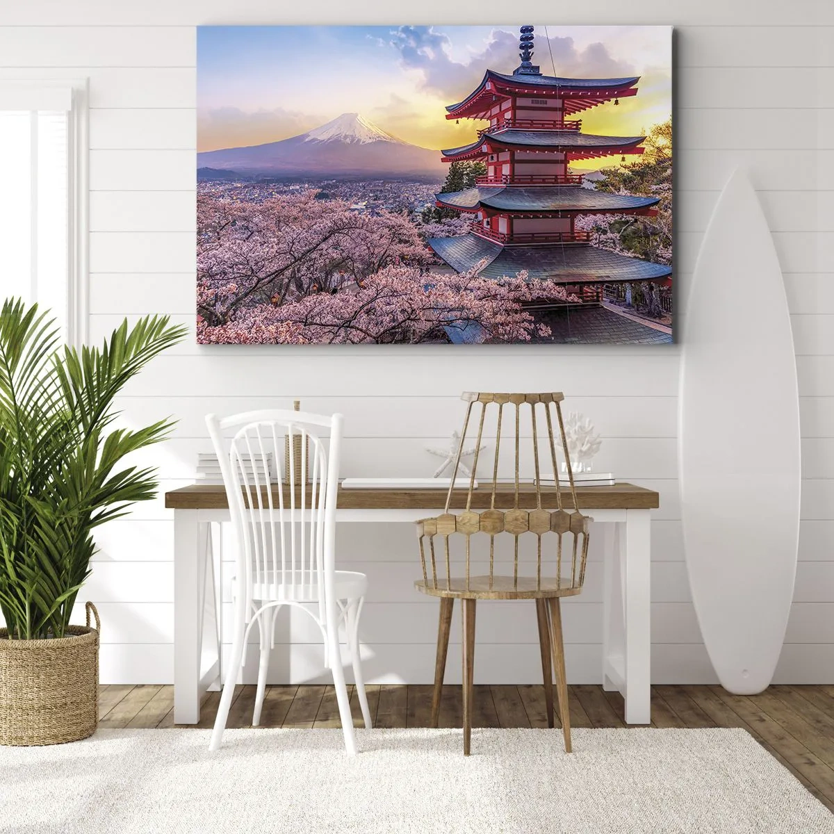 Obraz na plátne - Pagoda v Japonsku s čerešňovými kvetmi a horou Fudži - 70x50cm - Podstata japonského ducha - Moderná nástenná dekorácia do obývacej izby a spálne ARTTOR