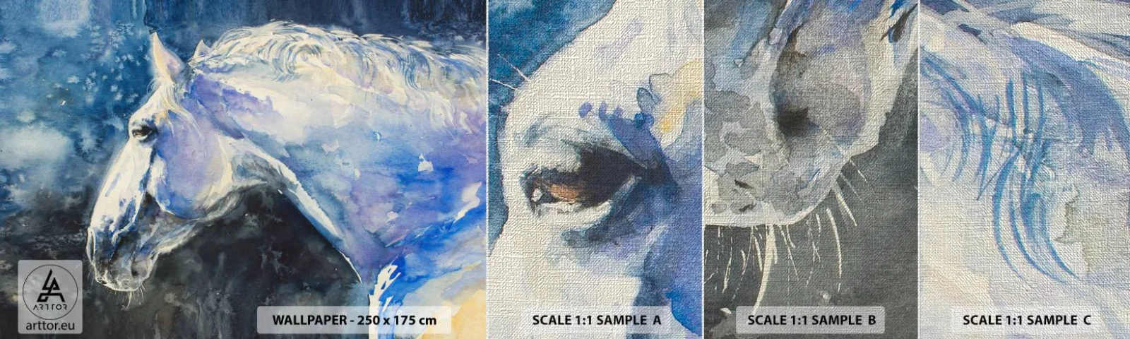 Vzorka fototapety Premium Canvas - Portrét v modrej žiare - Kôň, Maľovanie, Zvieratá - 100x30 cm
