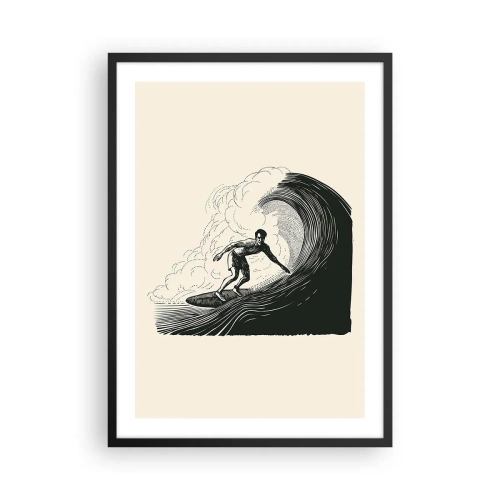 Plagát v čiernom ráme - Retro grafika surfera na vlne, čierne a krémové zloženie - 50x70cm - Kráľ vĺn - Moderná nástenná dekorácia do obývacej izby a spálne ARTTOR
