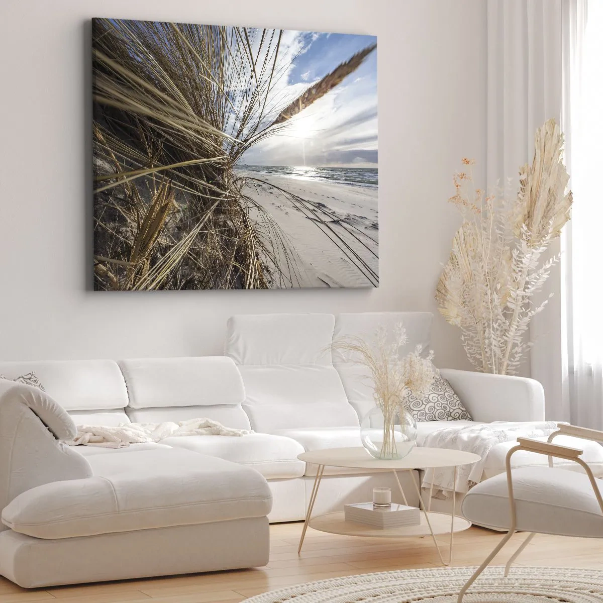 Obraz na plátne - Pláž so suchou trávou na dunách a výhľadom na more - 70x50cm - Stretnutie živlov - Moderná nástenná dekorácia do obývacej izby a spálne ARTTOR