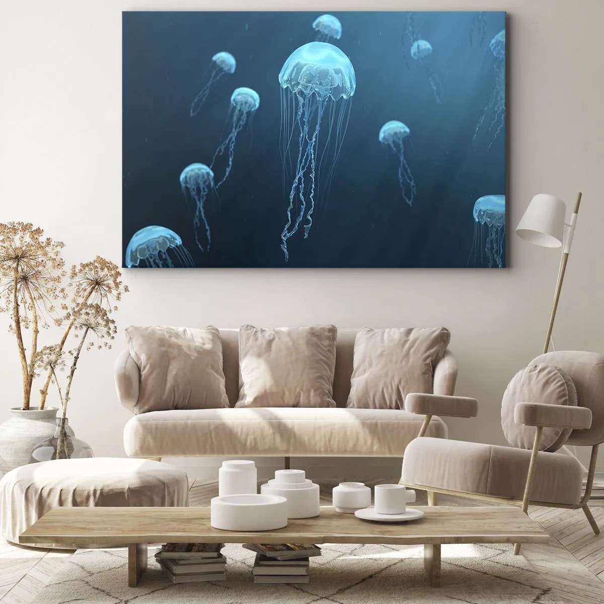 Obraz na plátne - Medúzy plávajúce v hlbinách oceánu v modrých tónoch - 70x50cm - Oceánsky tanec - Moderná nástenná dekorácia do obývacej izby a spálne ARTTOR