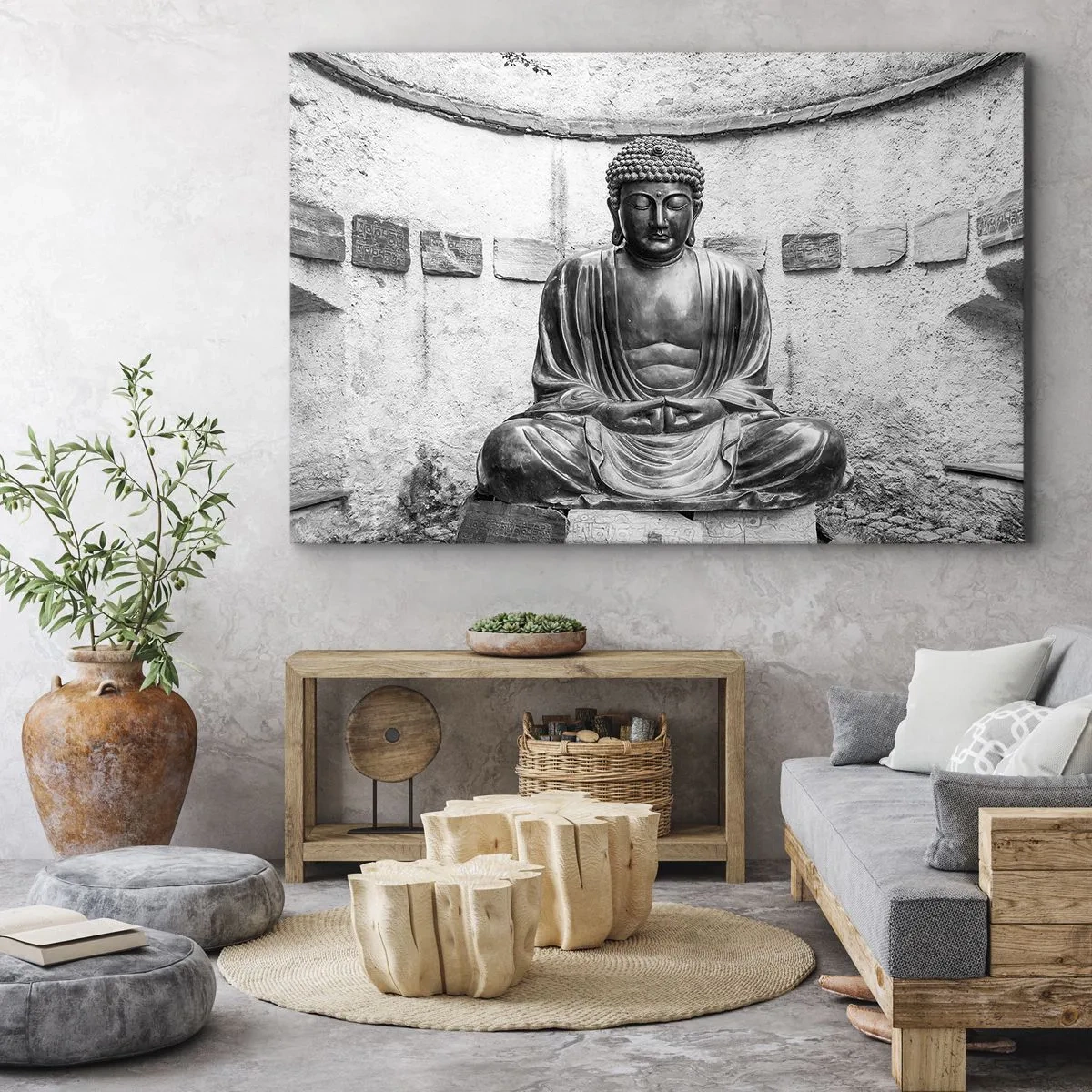 Obraz na plátne - Čiernobiela socha Budhu v meditačnej póze - 70x50cm - Pri zdroji pokoja - Moderná nástenná dekorácia do obývacej izby a spálne ARTTOR